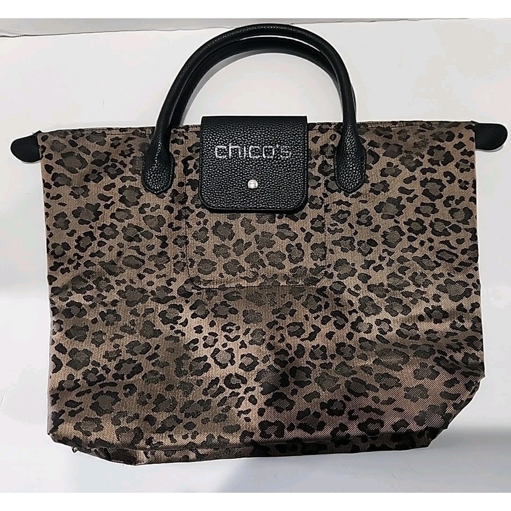 Chicos Animal Print Packable Foldable Travel Tote Bag Purse Leopard Zip Top Snap